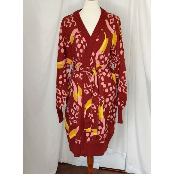 FARM Rio Cardigan L Toucanissimo Belted Longline Red Burgundy Cozy - Picture 6 of 13